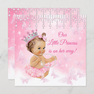 Invitation Baby shower brunette princesse papillon rose