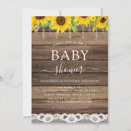 Invitation Baby shower Budget Rustique Tournesol Ferme (Devant)