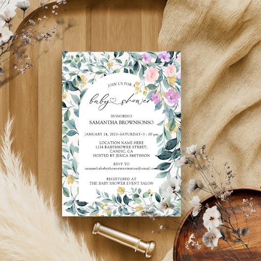 Invitation Baby shower budgétaire vert floral