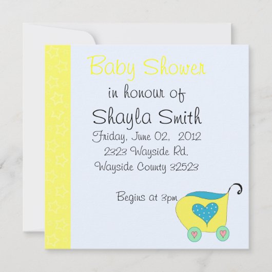 Invitation Baby shower Buggy pour bébé jaune (Devant)