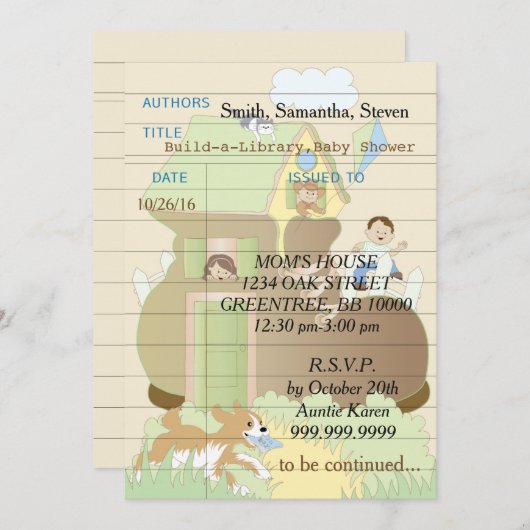 Invitation baby shower "Build-a-Library" Bleu (Devant / Derrière)