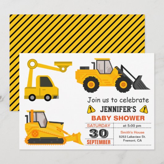 Invitation Baby Shower Bulldozer Construction (Devant / Derrière)