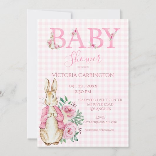 Invitation Baby shower Bunny Beatrix Potter Rose (Devant)