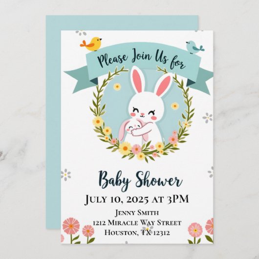 Invitation Baby shower Bunny mignon (Devant / Derrière)