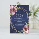 Invitation Baby shower Burgundy Marine Bleu Géométrique Flora (Debout devant)