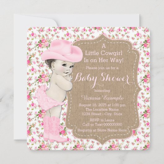 Invitation Baby shower Burlap Cowgirl (Devant)