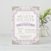Invitation Baby shower Burlap Purple & Lace (Debout devant)