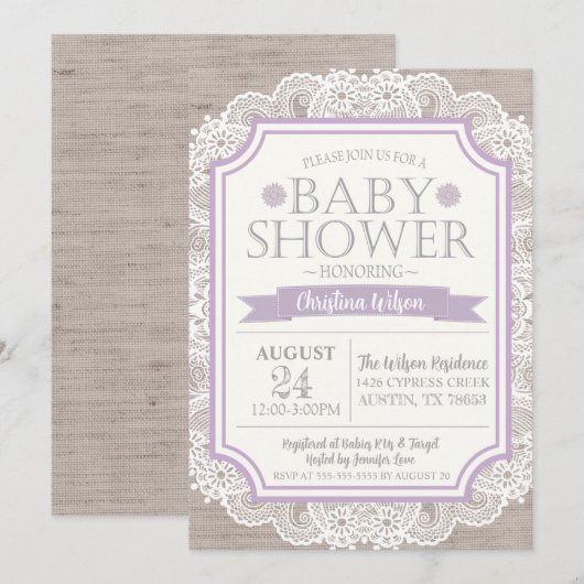 Invitation Baby shower Burlap Purple & Lace (Devant / Derrière)
