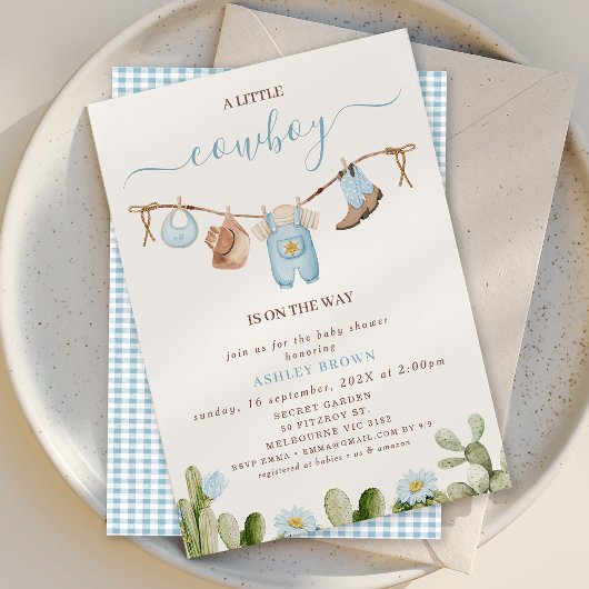 Invitation Baby shower Cactus Cowboy Cute Blue Clothesline