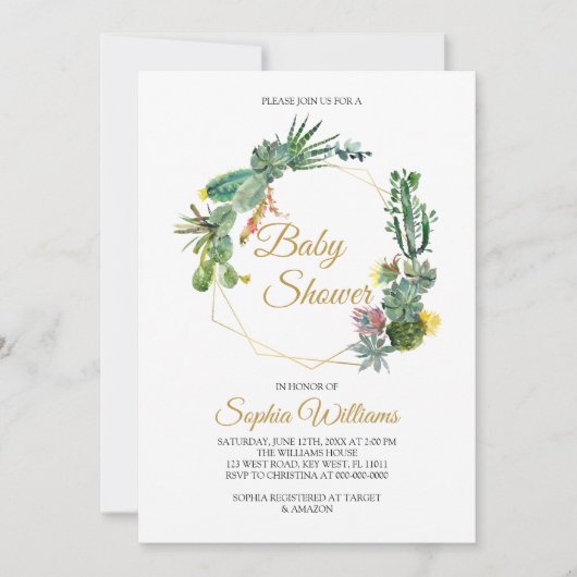 Invitation Baby shower cactus et fleurs (Devant)
