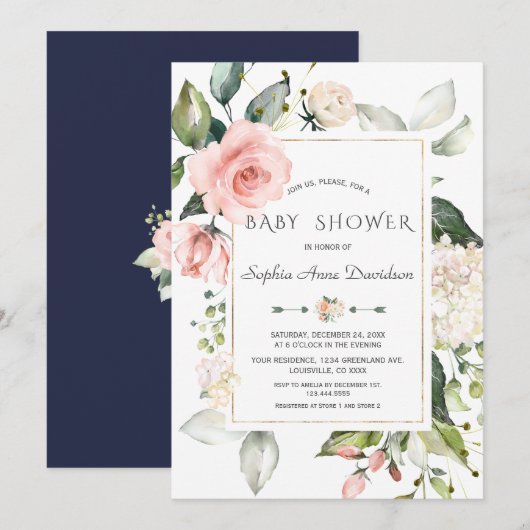 Invitation Baby shower cadre de Fleurs Roses Bleues Charm (Devant / Derrière)