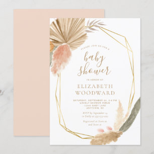Invitation Baby Shower Cadre Doré Herbe des Pampas Bohème Chi