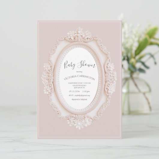Invitation Baby-Shower Cadre Vintage Rose (Debout devant)