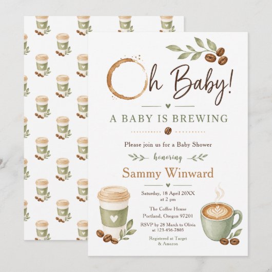 Invitation Baby Shower Café Thème Vert Sauge (Devant / Derrière)