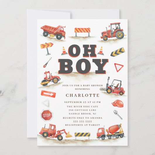 Invitation Baby shower Camion de construction Roug (Devant)