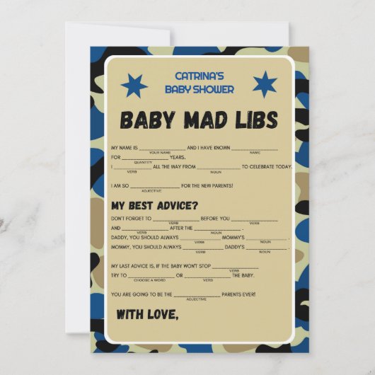 Invitation Baby shower Camo bleu - Nom modifiable, 5x7 (Devant)