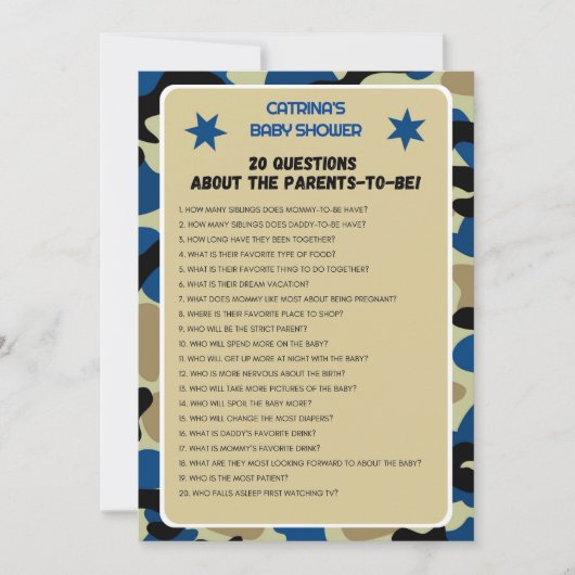 Invitation Baby shower Camo bleu - Nom modifiable, 5x7 (Devant)