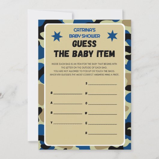 Invitation Baby shower Camo bleu - Nom modifiable, 5x7 (Devant)