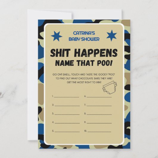 Invitation Baby shower Camo bleu - Nom modifiable, 5x7 Invita (Devant)