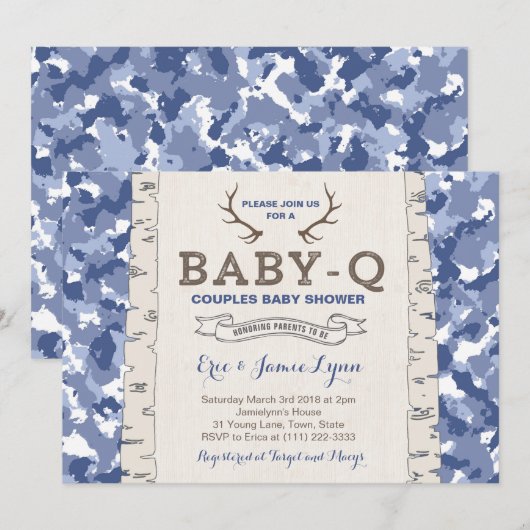 Invitation Baby shower Camouflage bleu pour garçon (Devant / Derrière)
