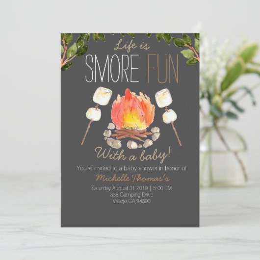 Invitation baby shower Camping smores (Debout devant)