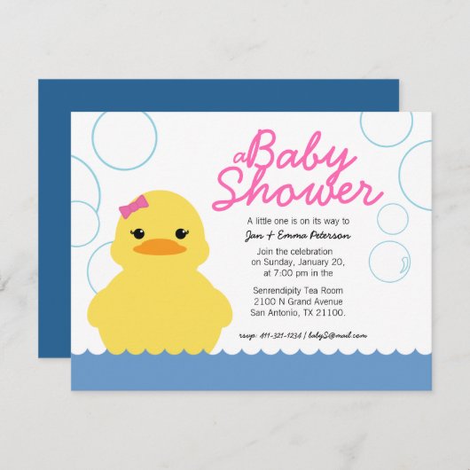 invitation BABY SHOWER canard en caoutchouc fille (Devant / Derrière)