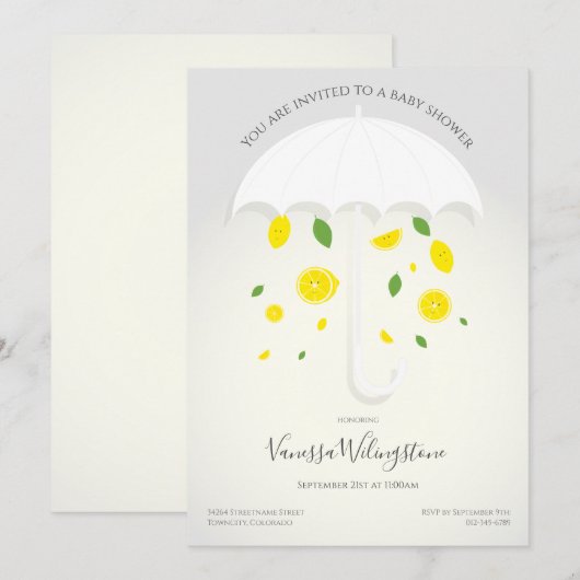 Invitation Baby shower caricature parapluie citron gris blanc (Devant / Derrière)