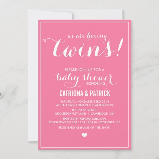 Invitation Baby shower Carnation Pink Script Twins (Devant)