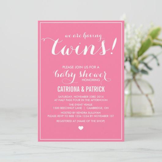 Invitation Baby shower Carnation Pink Script Twins (Debout devant)