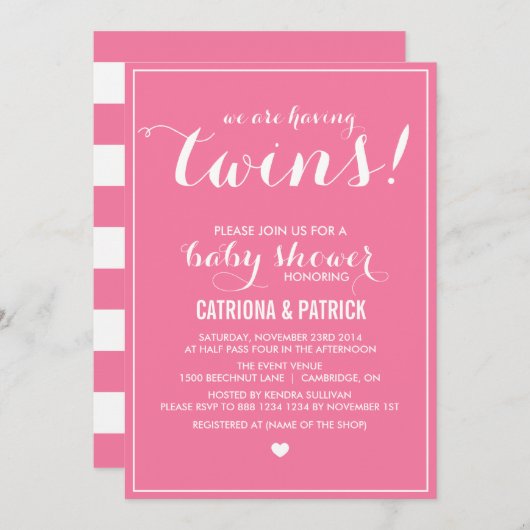 Invitation Baby shower Carnation Pink Script Twins (Devant / Derrière)