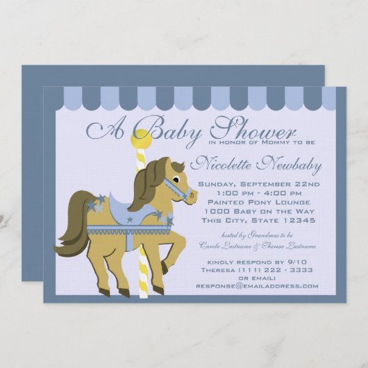 Invitation Baby shower Carousel bleu (Devant / Derrière)