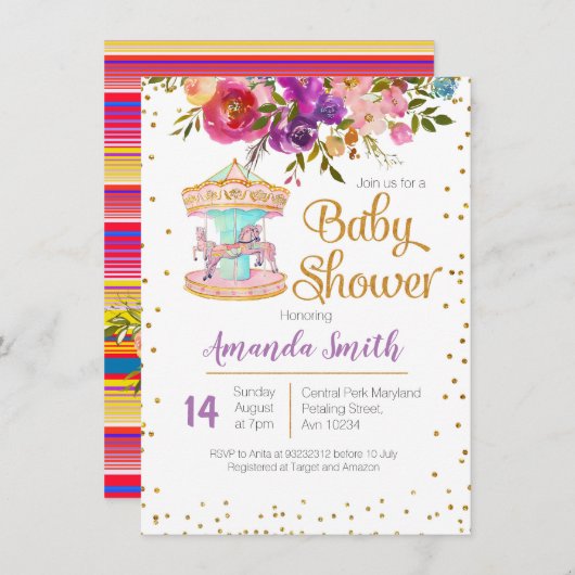 Invitation Baby shower Carousel rose (Devant / Derrière)