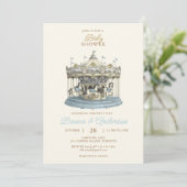 Invitation Baby shower Carousel vintage en bleu (Debout devant)