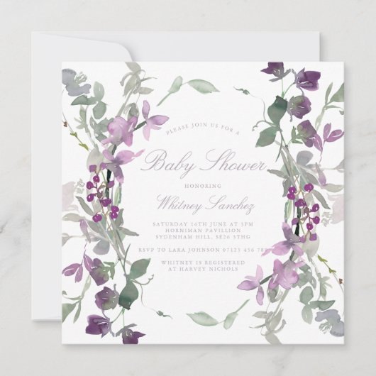 Invitation Baby shower Carré Fleur sauvage Purple & Lilac (Devant)