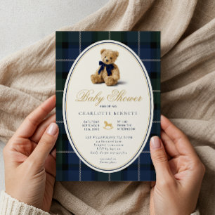 Invitation Baby Shower Carreaux Ours en Peluche Polo Vintage