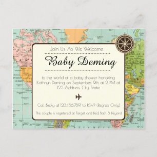 Invitation baby shower - Carte du monde multicolor