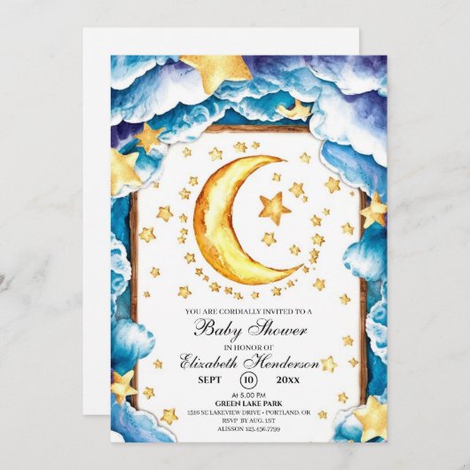 Invitation Baby shower céleste de la lune mûre (Devant / Derrière)