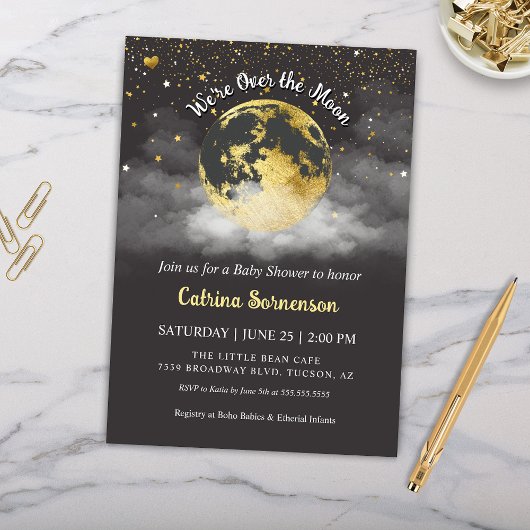 Invitation Baby shower céleste de lune et étoiles d'or