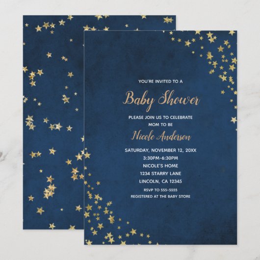 Invitation Baby shower céleste Gold & Blue Twinkle Stars (Devant / Derrière)