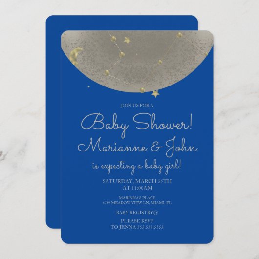 Invitation Baby shower Céleste Lune Étoiles Faux Or (Devant / Derrière)