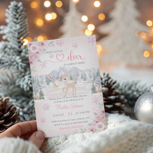Invitation Baby Shower Cerf d'Hiver Flocon de Neige Rose