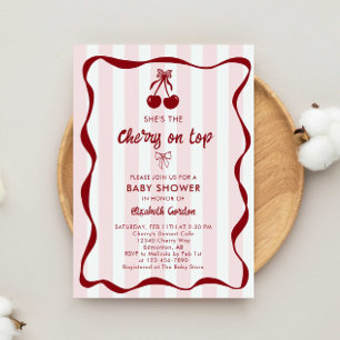 Invitation Baby Shower Cerise Douces Rayures Roses Ruban Mign