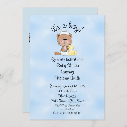 Invitation Baby shower C'est un garçon Teddy Bear (Devant / Derrière)