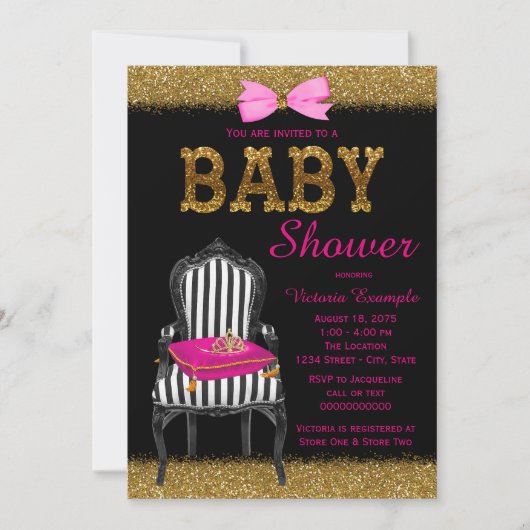 Invitation Baby shower Chaise Princess Rose Black Gold (Devant)