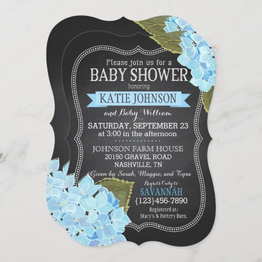 Invitation Baby shower Chalkboard Blue Hydrangeas (Devant / Derrière)