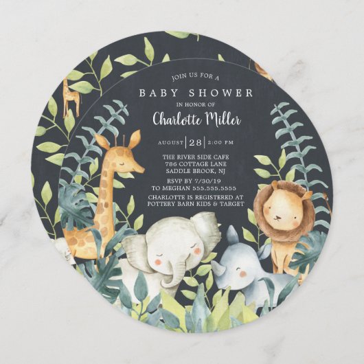 Invitation Baby shower Chalkboard Jungle Animaux (Devant / Derrière)