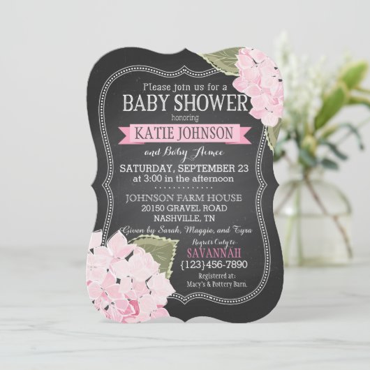 Invitation Baby shower Chalkboard Pink Hydrangeas (Debout devant)