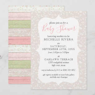 Invitation Baby Shower Champêtre Fleurie Gris, Rose et Sauge