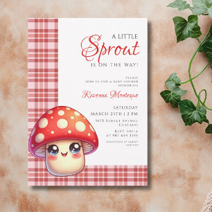 Invitation Baby Shower Champignon Gingham Rouge Petit Poussin