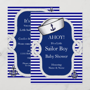 Invitation Baby Shower Chapeau de Marin Garçon Rayure Bleue